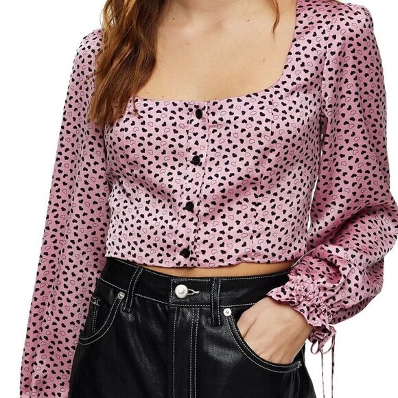 Top Shop Cropped Pink Long Sleeves Hearts Button Down Puff Sleeves NWT 8 Scoop - Picture 10 of 10